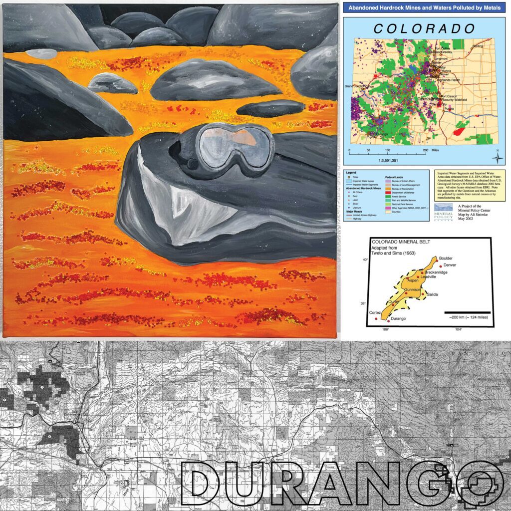 artwork of acid mine and acid rock drainage, images of data about the issue and a map of Durango area